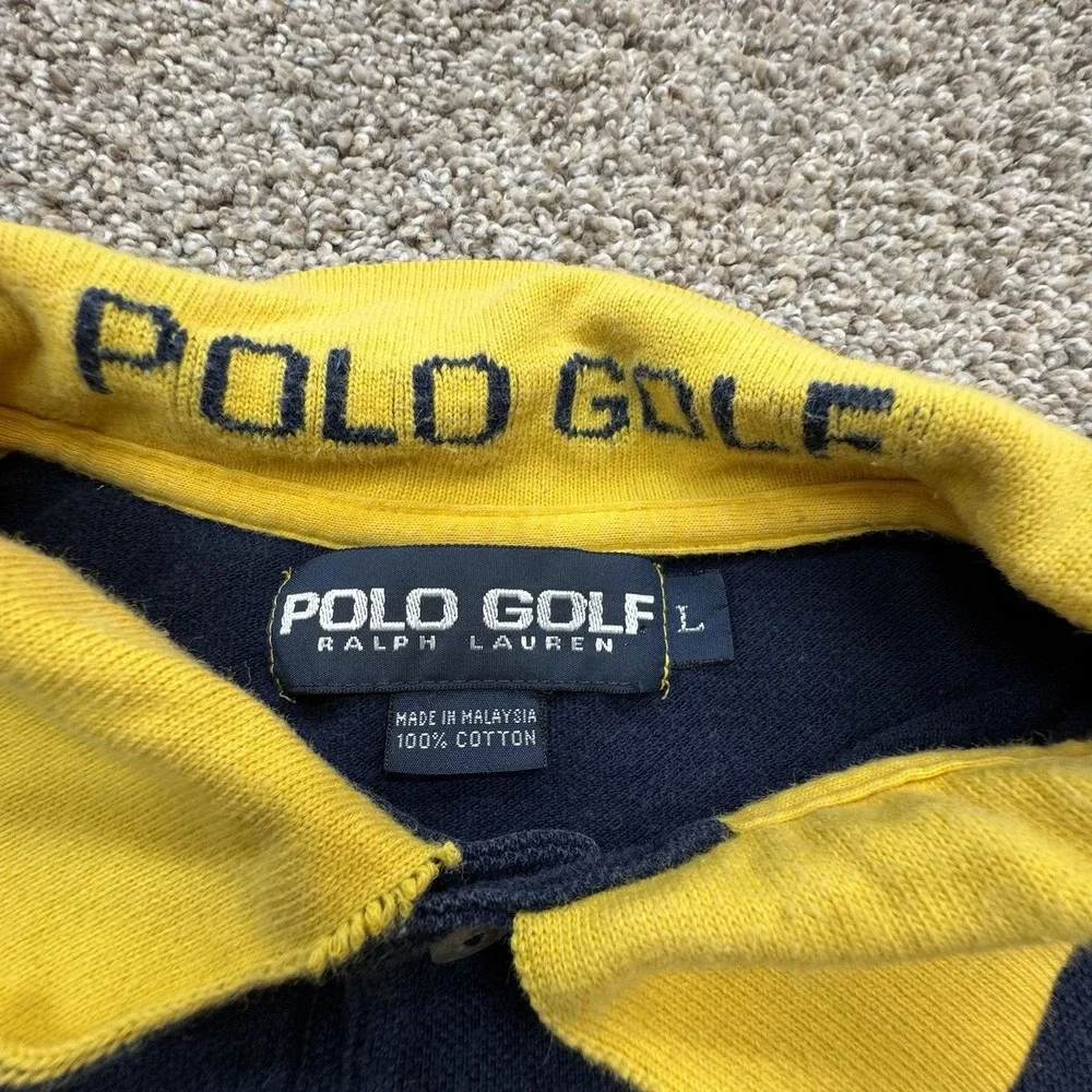 Polo Golf Ralph Lauren Shirt‎ Mens Large Navy Yellow Vintage Pique Striped Pony
